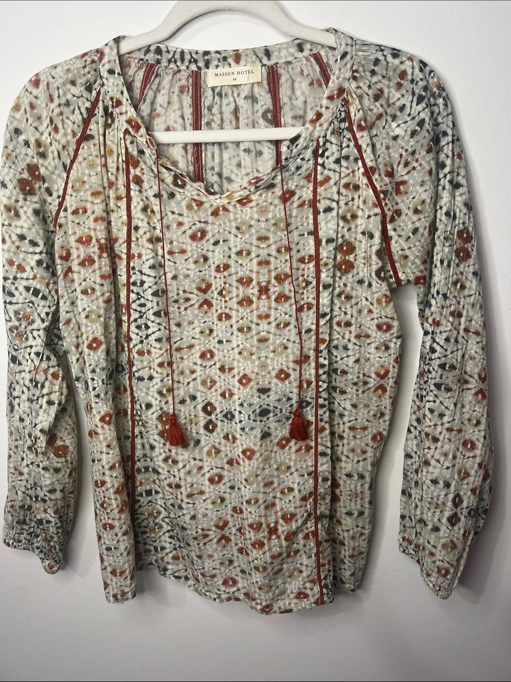 Maison Hotel Cream Printed Peasant Blouse with Rust Tassels